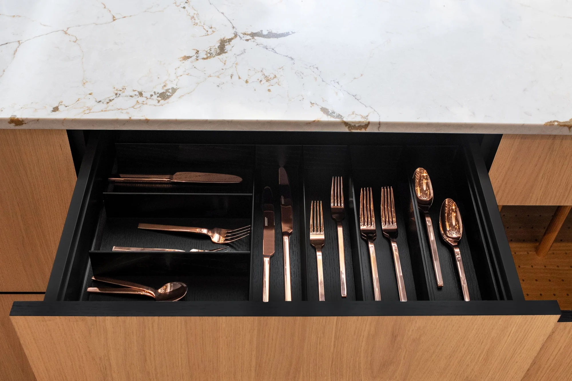 Wood drawer with integrated cutlery storage